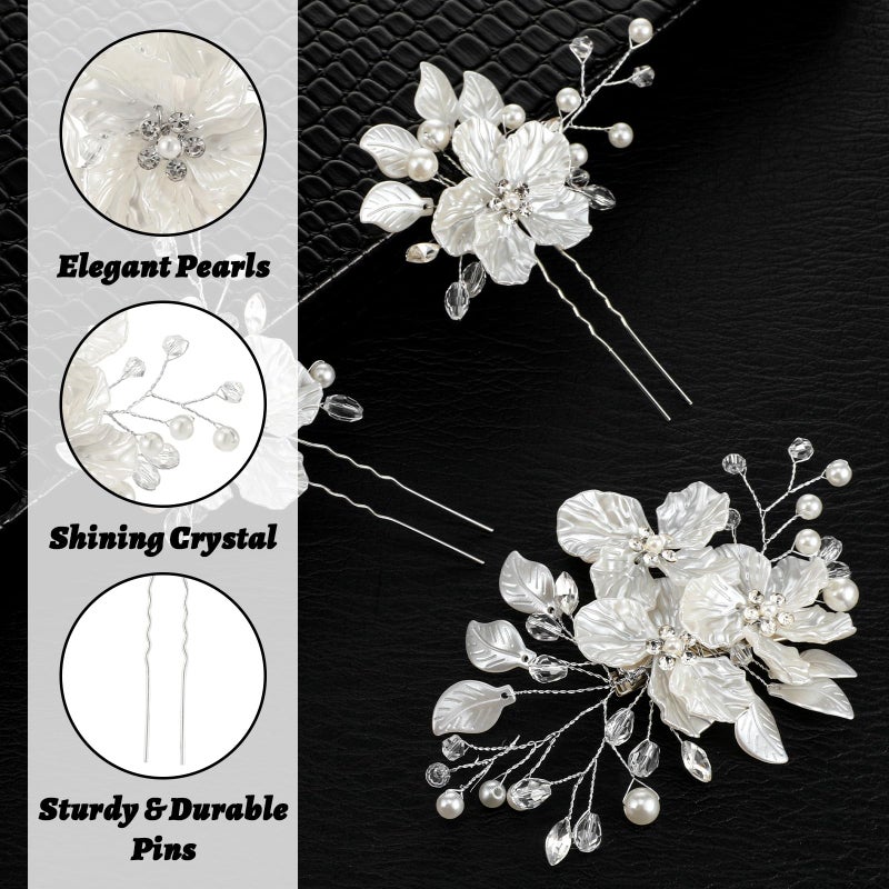 Tucnoeu 3pcs Large Flower Bridal Wedding Hair Pins, Pearl Hair Clips,Wedding Hairs Pieces for Brides, for Brides Bridesmaids Girls Updo - Image 3